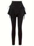 High Waist Asymmetrical Ruffle Hem Tie Side Skinny Pants for Everyday Wear, Women's Casual Solid Color High Waist Pants