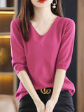 Solid Color V-neck Sweater, Versatile Half Sleeve Knitted Top For Spring & Fall, Women's Clothing