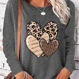 Purpdrank Women's Casual Leopard Heart Print Long Sleeve T-Shirt - Crew Neck, Polyester Blend, Machine Washable, Stylish Top for Spring & Fall, Leopard Print Blouse