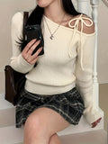 Elegant Y2K Style Off-the-Shoulder Sweater with Drawstring Shoulder Straps, Long Sleeve, H-Fit, Knitted Polyester, Casual Solid Color Pullover Sweater for Women - Spring/Fall Collection