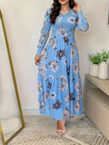 Chic Floral Print V-Neck Dress For Women - Casual Long Sleeve With Ruffle Hem, Perfect For Spring & Fall