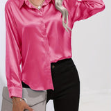 Purpdrank Elegant All-Season Shirt for Women - Long Sleeve, Solid Color, Easy-Care Polyester Blouse with Classic Turn-Down Collar