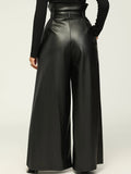 Elegant Wide-Leg PU Leather Pants with Metal Belt - Non-Sheer, Solid Color, All-Season Fashion for Women