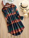 Plaid Print Chest Pocket Dress, Casual Crew Neck Long Sleeve Dress, Women's Clothing