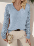 Elegant Hollow-Out Knit Pullover Sweater - 100% Acrylic Middle-Eastern Style Crew Neck Solid Color All Season Top