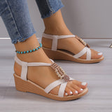 Purpdrank [Wedge Heeled Beads Sandals] Women's Beads Decor Wedge Heeled Sandals, Casual Open Toe Platform Shoes, Comfortable Ankle Strap Sandals