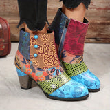 Purpdrank Women's Floral Pattern Boots, Side Zipper Casual Chunky Heel Ankle Boots, Versatile Round Toe Boots