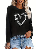 Purpdrank Vibrant Heart & Butterfly Print Crew Neck T-Shirt - Relaxed Casual Long Sleeve Design for Women - Perfect for Spring & Fall Seasons