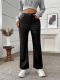 Elegant High Waist PU Straight Leg Pants, Faux Leather Slant Pocket For Spring & Fall, Women's Clothing