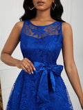 Elegant Sleeveless Lace A-line Dress, High Low Hem Tie Waist For Party & Banquet, Women's Clothing