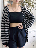 Cozy Grunge Striped Drop Shoulder Hooded Cardigan - Soft Y2K Inspired Long Sleeve Zip Up Design for Spring & Fall Seasons - Women's Casual Comfortable Clothing for Everyday Wear