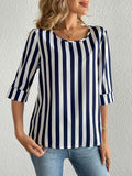 Half Sleeve Stripe Print Crew Neck Blouse for Spring & Fall, Casual Women's Clothing