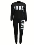 Chic Love Letter Printed Womens Two-piece Set - Comfy Long Sleeve Top & Stylish Pants for Fall & Winter