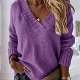 Purpdrank Womens Loose Sweaters Sexy V Neck Long Sleeve Solid Knitted Jumper Pullover Sweatshirt Tops