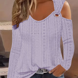 Purpdrank Eyelet Cold Shoulder T-Shirt - Fashionable Long Sleeve Top for Spring & Fall - Stylish Womens Casual Wear with Delicate Detailing - Ideal for Everyday Style