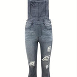 Purpdrank Women's Casual Ripped Denim Overalls - Adjustable Straps, Slash Pockets, Distressed Gray Flare Leg Jumpsuit, Polyester, Perfect for Spring/Summer/Fall, Plain Buttons, Backless, Pencil Long Pants