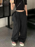 Loose Solid Colored Girls Cargo Pants with Flap Pockets for Spring & Summer, Versatile & Plain