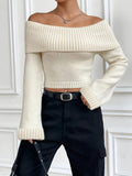 Purpdrank Elegant Off-Shoulder Crop Sweater - Solid Ribbed Knit for Spring to Fall | Versatile & Chic