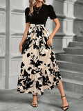 Floral Print Crew Neck Dress, Elegant Short Sleeve Tie Waist A-line Ankle Length Dress For Spring & Summer, Women's Clothing