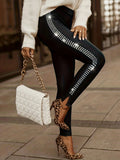 Elegant Long Skinny Pants for Women - Side Rhinestone Detail, High Elasticity, Comfort Knit for Stylish Outings