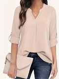 Purpdrank Chic Solid V-Neck Blouse - Fashionable simplicity for Women - Relaxed Casual Long Sleeve Style