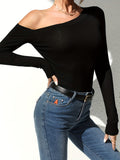 Solid Cold Shoulder Asymmetrical Neck T-Shirt, Casual Long Sleeve T-Shirt For Spring & Fall, Women's Clothing