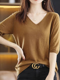 Solid Color V-neck Sweater, Versatile Half Sleeve Knitted Top For Spring & Fall, Women's Clothing