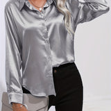 Purpdrank Elegant All-Season Shirt for Women - Long Sleeve, Solid Color, Easy-Care Polyester Blouse with Classic Turn-Down Collar