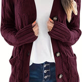 Purpdrank Cable Knit Button Front Cardigan, Casual Solid Long Sleeve Cardigan For Fall & Winter, Women's Clothing