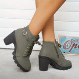 Women's Solid Color Platform Boots, Lace Up Side Zipper Slip On Round Toe Chunky Heel Shoes, Casual Comfy Shoes