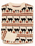 For Fall & Winter, Casual Crew Neck Long Sleeve Halloween Pumpkin Cat Pattern Sweater, Women's Clothing