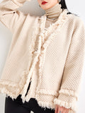 Purpdrank Long Sleeves Loose Buttoned Fringed Solid Color V-Neck Cardigan Tops