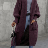 Purpdrank Plus Size Elegant Lantern Long Sleeve Knitted Longline Cardigan - Soft, Cozy, Open Front Design with Solid Pocket - Women's Plus Size Clothing for Winter and Fall Seasons