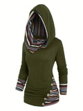 Trendy Ethnic Print Hoodie for Women - Stylish Button Accent, Comfortable Long Sleeve, Hooded Top - Perfect Fashionable Womens Casual Wear