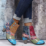 Purpdrank Women's Floral Pattern Boots, Side Zipper Casual Chunky Heel Ankle Boots, Versatile Round Toe Boots