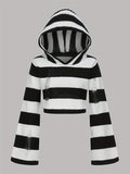 Y2K Ripped Flare Sleeve Punk Striped Distressed Hooded Sweater for Women's Spring & Fall Clothing