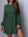 Plain Color Crew Neck Dress, Elegant Long Sleeve Ruffle Hem A-line Dress For Spring & Fall, Women's Clothing