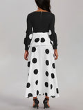 Vibrant Polka Dot V-Neck Long Sleeve Maxi Dress - Elegant High Tie Waist Flared Design, High Elasticity Polyester Fabric, Machine Washable, Random Printing, All-Season Wear, Knit Fabric, Womens Clothing for Adult