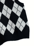 Argyle Print Crew Neck Sweater Vest, Casual Sleeveless Knit Vest For Spring & Fall, Women's Clothing