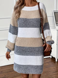 Chic Striped Knit Sweater Dress - Casual Crew Neck, Long Sleeve, Mid-Length with Drop Shoulder Design for Women