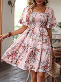 Shirred Floral Print Ruffle Hem Dress, Elegant Square Neck Short Sleeve Dress For Spring & Summer, Women's Clothing