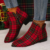 Purpdrank Women's Plaid Ankle Boots, Christmas Style Chunky Low Heeled Boots, Side Zipper Short Boots