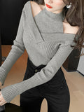 Reversible Chic Off-Shoulder Knit Sweater - Soft Stretchy Polyester Blend, Casual Long Sleeve Pullover for Women, Perfect for Spring/Fall, Versatile and Cozy Wear for Daily Life, Outdoor Activities, and Layering