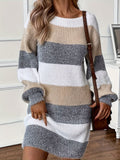 Chic Striped Knit Sweater Dress - Casual Crew Neck, Long Sleeve, Mid-Length with Drop Shoulder Design for Women