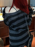 Stylish Off-The-Shoulder Color Block Knit Sweater - Ripped & Semi-Sheer, Perfect for Spring to Fall