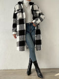 Purpdrank Plaid Pattern Fuzzy Button Front Coat, Casual Drop Shoulder Long Sleeve Outwear For Fall & Winter, Women's Clothing