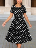 Polka Dot Print Square Neck Dress, Elegant Short Sleeve Belted Dress For Spring & Summer, Women's Clothing