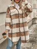 Purpdrank Plaid Fuzzy Jacket with Button Front - Cozy Long Sleeve Lapel Overcoat for Women, Perfect for Fall/Winter