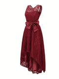 Elegant Sleeveless Lace A-line Dress, High Low Hem Tie Waist For Party & Banquet, Women's Clothing