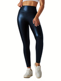 PU Leather Cropped Yoga Pants, High Waist Slight Stretch Slimming Yoga Leggings, Women's Activewear